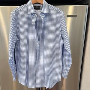 Saks Fifth Ave Slim Fit Men's Long Sleeve Shirt Light Blue Gingham 16 -32-33